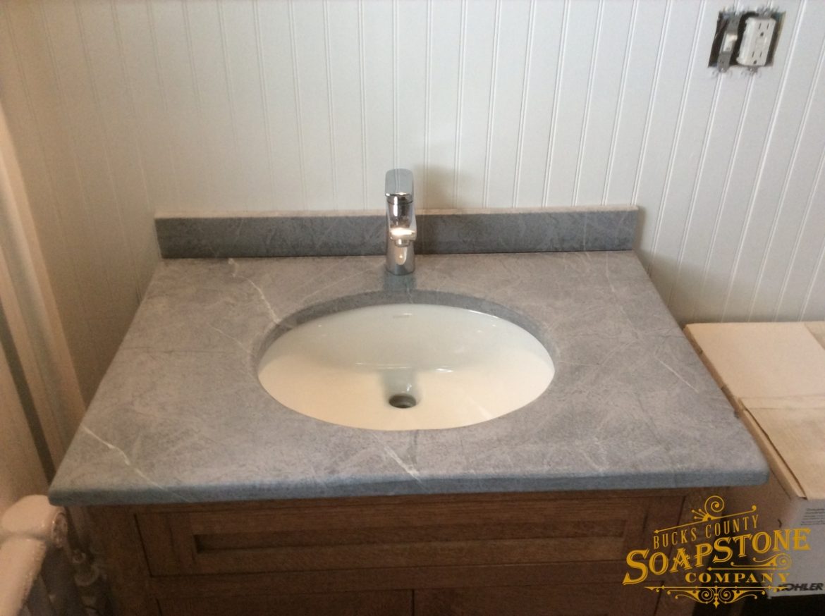 Newly installed soapstone bathroom sink