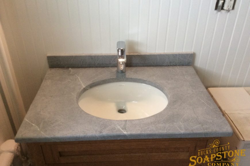 Newly installed soapstone bathroom sink